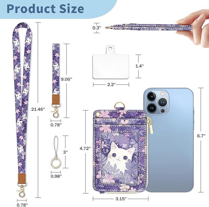 Lanyard Wallet with Id Badge Holder, White Cat RFID Small Keychain Wallet Women Wristlet, Cute Zipper Credit Card Holder Phone Wrist Neck Strap for Key Name Tag, Teacher Student Office Gifts