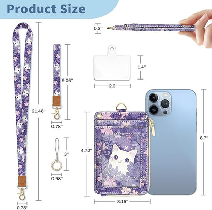 Lanyard Wallet with Id Badge Holder, White Cat RFID Small Keychain Wallet Women Wristlet, Cute Zipper Credit Card Holder Phone Wrist Neck Strap for Key Name Tag, Teacher Student Office Gifts