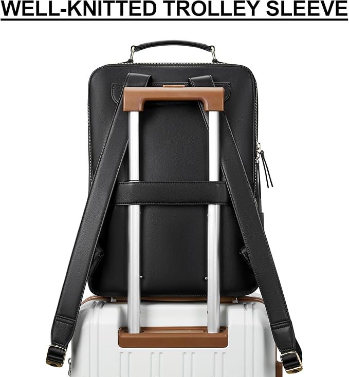 BOSTANTEN Leather Backpack 15.6 inch Laptop Bag Travel Casual Computer Backpack College Business Work Shoulder Bags with Trolley Sleeve for Women Men Black