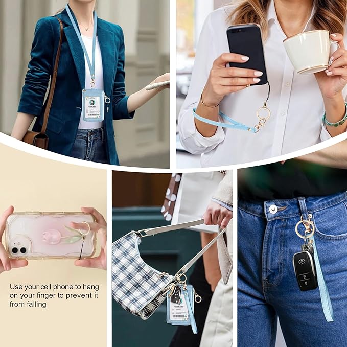 bolimoss 2-in-1 ID Badge Holder & Lanyard Wallet Women Leather Vertical ID Badge Card Holder with Detachable Wristlet & Neck Lanyard, 1 Clear ID Window, 4 Credit Card Slots, 1 Cash Coin Slot Baby Blue