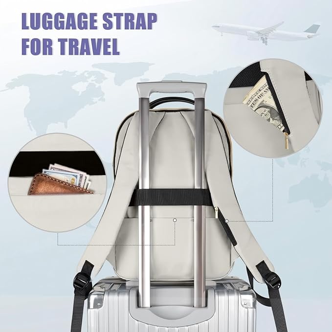 MATEIN Travel Laptop Backpack, Anti Theft Quilted Slim Backpacks for Women with Detachable Keychain Hook, Teacher Doctor Nurse Carry on Bags Purse Fits 15.6 Inch Notebook, White