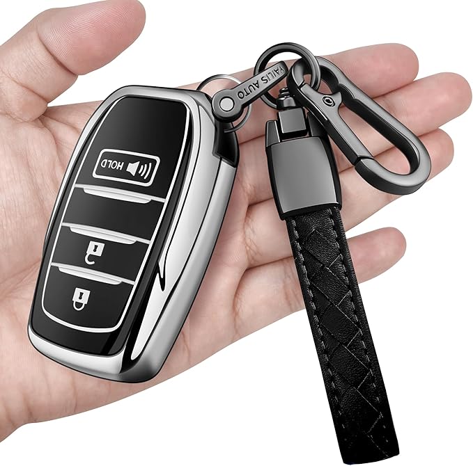 Sindeda for Toyota Key Fob Cover with Metal Keychain & Leather Strap for 2025-2026 Camry 4 Runner 2019-2026 Venza, Land Cruiser,2023-2026 Tacoma Grand Highlander,Corolla,bZ4X,3-Buttons(Silver)