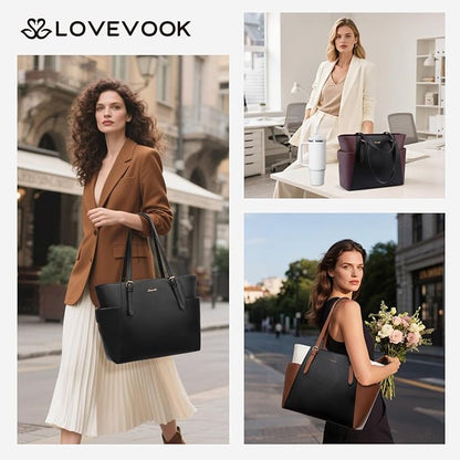 LOVEVOOK Laptop Tote Bag for Women With Large Cup Holder, Leather Work Tote Bag for Women,15.6 Inch Professional Computer Briefcase Business Teacher Commuter Shoulder Bag,Office Travel Gift