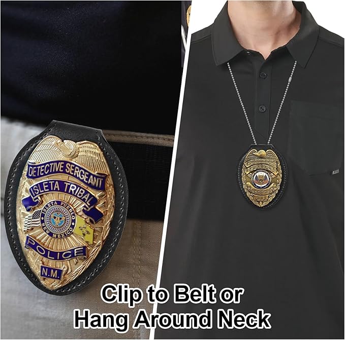 Police Badge Holder, Made of Cowhide, Belt Clip, Universal Law Enforcement Badge Holder, Included for Metal Clip and Chain (Black)