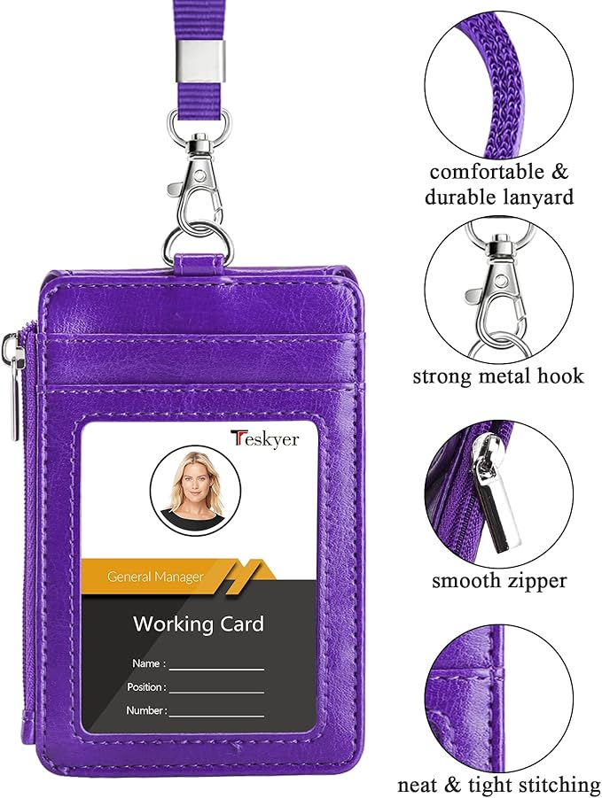Teskyer Badge Holder with Side Zip Pocket, Multiple Card Slots Leather ID Holder Wallet with Neck Lanyard for Office Staffs, Teachers/Students, Couriers, Workers, Purple