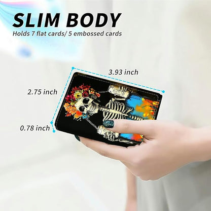 Minimalist Wallet for Men's Card Holders, Pop-Up Card Case Durable Wallets for Women, Leather Automatic Credit Card Holder with Metal Money Clip RFID Blocking Bifold Pocket, Watercolour Skull