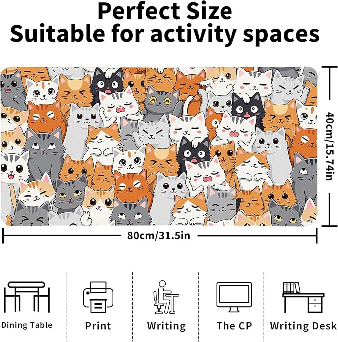 Positively Adorable Cat Desk Mat - （31.5 * 15.75in） Desk Pad, Large Non-Slip PU Leather Pad for Aesthetic Home Office & Gaming,A Gift for Cat Lovers