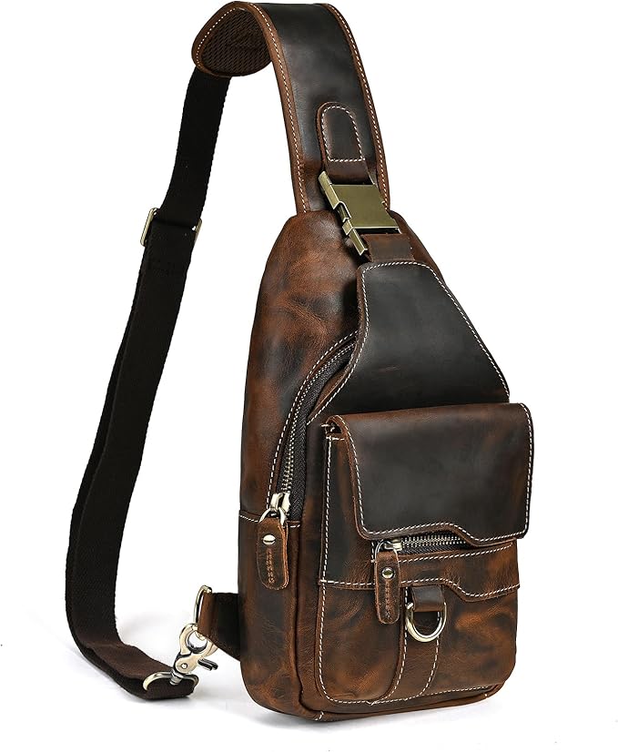 Water Resistant Canvas + Leather Hiking Travel DayPack Sling Crossbody Triangle Chest Pack Bag For Men Women FB8013 (100% Genuine Leather-8015 Brown)