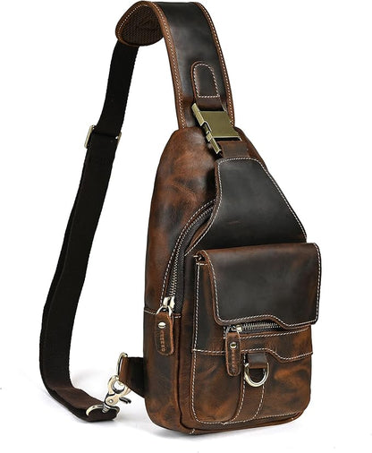 Water Resistant Canvas + Leather Hiking Travel DayPack Sling Crossbody Triangle Chest Pack Bag For Men Women FB8013 (100% Genuine Leather-8015 Brown)