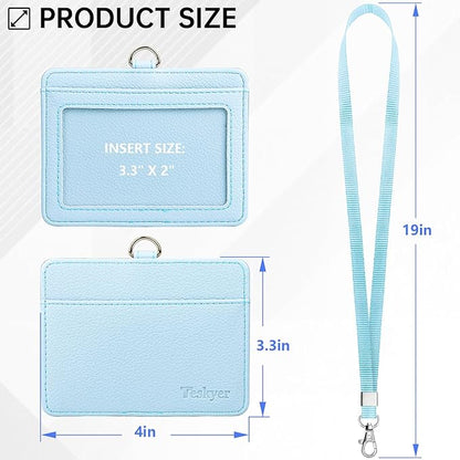 Teskyer Badge Holder with Lanyard, Leather ID Name Badge Card Holder with Lanyard for ID Badges, Horizontal, Lychee Pattern Cyan