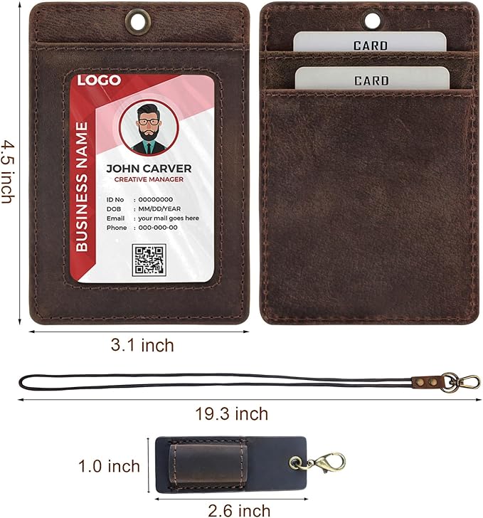 Office Badge Holder - Boshiho Genuine Leather Credit ID Card Holder with Neck Lanyard Pen Clip Vertical Style (Dark Brown)