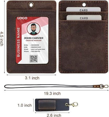 Office Badge Holder - Boshiho Genuine Leather Credit ID Card Holder with Neck Lanyard Pen Clip Vertical Style (Dark Brown)