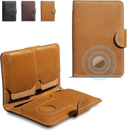Hidden AirTag Slot Passport Holder, Genuine Leather RFID Blocking Travel Case, Fits 2 Passport Books, Unisex for Men Women and Family