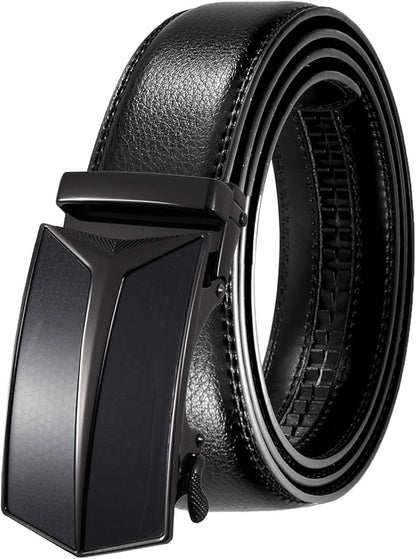 JINIU Men's Ratchet Belt Buckle, Black Genuine Leather Slide Belt for Men Dress Suit, Micro Adjustable Trim to Fit Boxed