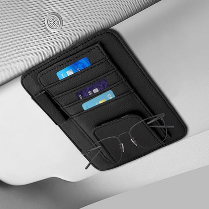 Small Leather Sun Visor Organizer, Visor Accessories, Multi-Pocket Sunvisor Storage with Sunglass Holder, Car Organizer for Drving License Card Pen Fits Most Vehicles (Black)