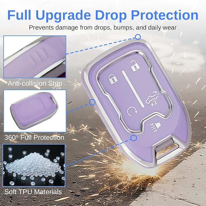 for GMC Key Fob Cover - TPU Key Shell Case Protector Compatible with Chevy Silverado and GMC Sierra 1500 2500HD 3500HD 5 Buttons Smart Remote Key, Purple