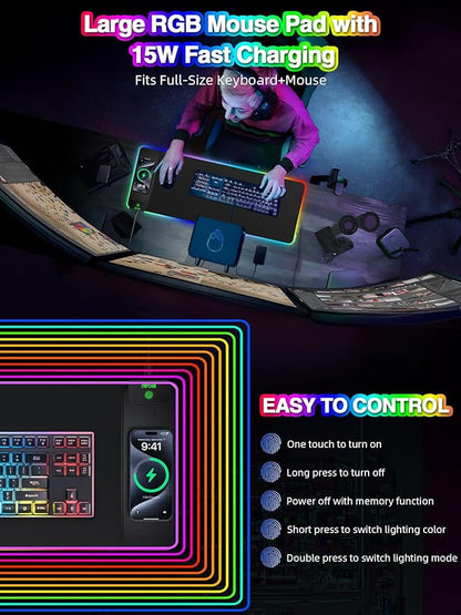 Magnetic Charging Mouse Pad, 31.5x11.81 Inch XL Gaming Mousepad, 11+5 RGB Lighting Modes, Home Office Large Desk Pad with Ultra-Smooth Surface, Non-Slip, Waterproof Keyboard Pad Classic Black Desk Mat