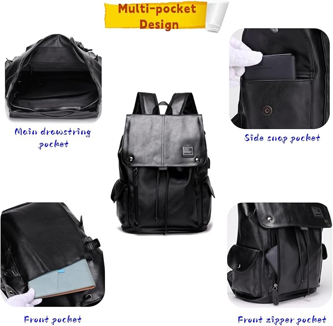 Soft leather backpack, casual PU backpack men women. USB charging port. Suitable for work, commuting, traveling, etc. Waterproof. (Black)