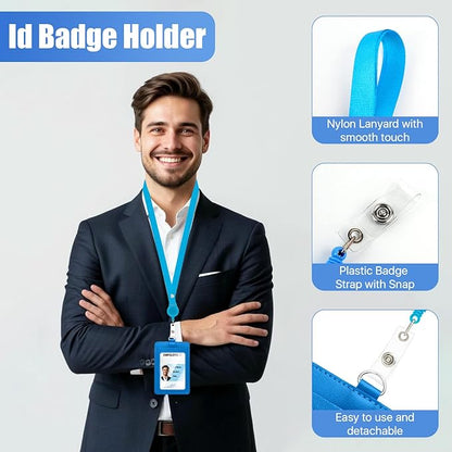 24 Pcs ID Badge Holder with Retractable Lanyard, Leather Vertical Id Card Holder with Badge Reel Neck Lanyard, Colorful Heavy Duty Retractable Lanyards with ID Holder for Work Cards Office