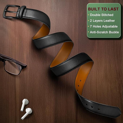 BULLIANT Men Belt 2Pack-Leather Belt 7Holes Comfortable For Men's Dress Casual Jeans 1 3/8"