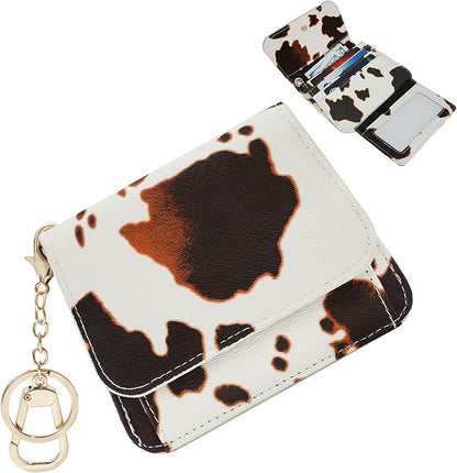Women Small Wallet RFID Blocking Slim Wallet with Coin Pocket Tri-Fold Credit Card Holder with ID Window and Keychain (Cow)