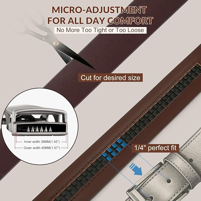 Ratchet Belt Strap, Full Grain Leather Belt Straps for Men without Buckle 1 3/8"- Replacement Strap Only