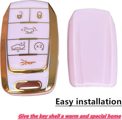 Key Protective Shell for RAM Key Fob Cover with Keychain Fit for RAM 1500 2500 3500 Smart Key Case Accessories (6-Button-Pink-Gold)