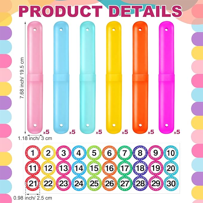 Remerry 30 Pcs Travel Toothbrush Holder Case with 1-30 Number Stickers Portable Pencil Case Multipurpose Toothpaste Boxes for Pencil Organization Back to School Student Gifts from Teacher, 6 Colors