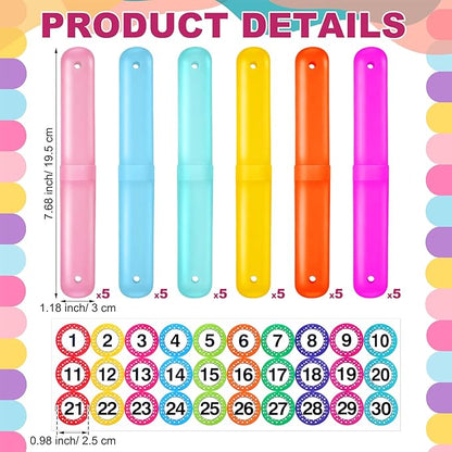 Remerry 30 Pcs Travel Toothbrush Holder Case with 1-30 Number Stickers Portable Pencil Case Multipurpose Toothpaste Boxes for Pencil Organization Back to School Student Gifts from Teacher, 6 Colors