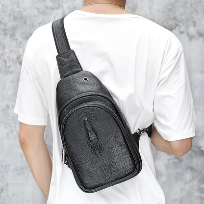 NIUCUNZH Crocodile Leather Sling Bag with Leather Strap, 3 Zipper Crossbody Shoulder Bags for Travel Hike Everyday Carry
