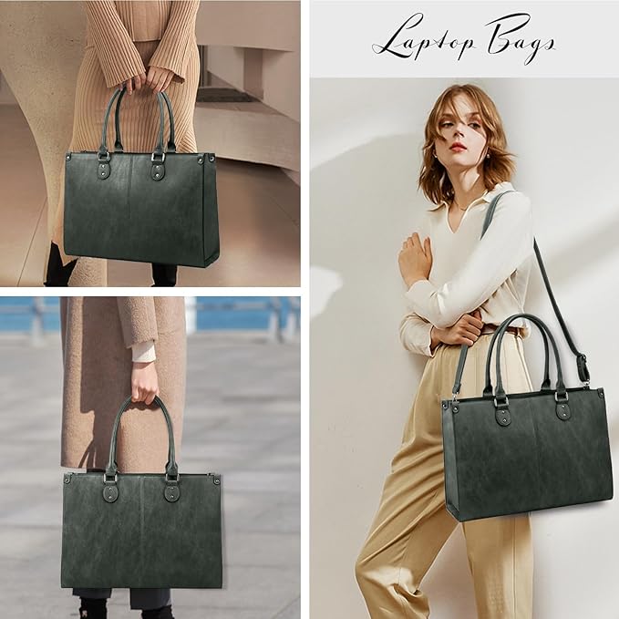 LOVEVOOK Laptop Tote Bag for Women, 15.6 Inch Large Capacity Vintage Leather Work Computer Bag, Business Casual Shoulder Handbag, Dark Green