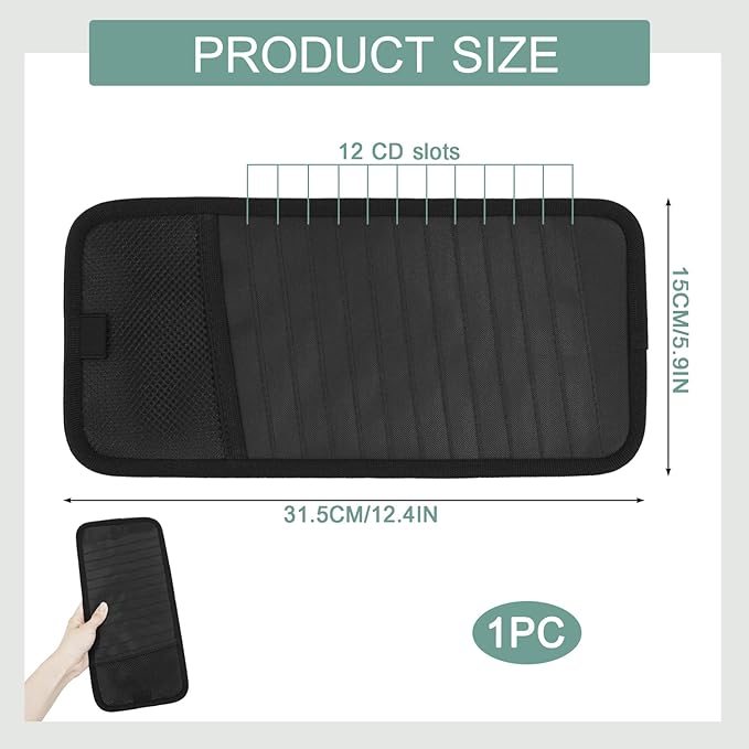 Sun Visor CD Holder, 12-Capacity Car Visor Organizer with DVD Sleeves and Mesh Pocket, Universal Visor Storage for Vehicle CD Case and Pen Holder Ergonomic Design (Black 1 Pcs)