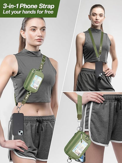 Tiostep Clip and Go Strap for Phone with Wallet Crossbody Phone Lanyard Adjustable and Detachable RFID Wristlet Wallet with ID Window and Zipper, Green