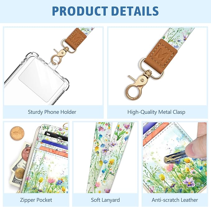 Piefly Flower Lanyard Wallet with ID Badge Holder, Small RFID Wallet Women Keychain Wristlet, Slim Credit Card Holder Case with Zipper Pocket Phone Lanyard Wrist Strap for Name Tag Office Teacher Gift