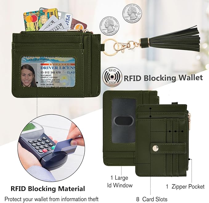 KNGITRYI Wallet Keychain Wristlet for Women,Slim RFID Credit Card Holder Purse Tassel Keychain Bangle Key Ring for Men Women