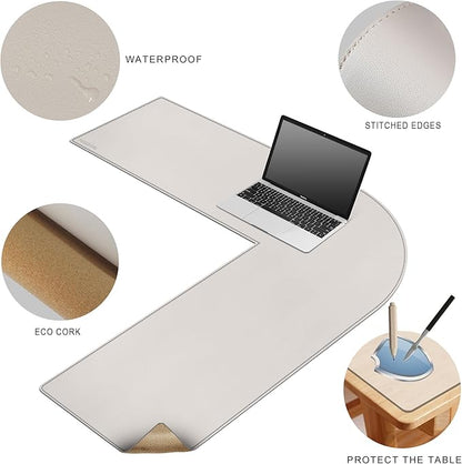 MAIDERN (40”+ 40”) x 13” L Shaped Corner Desk Mat, Cork & Leather Dual Sided Desk Pad for Gaming Computer Office Home (Cream)