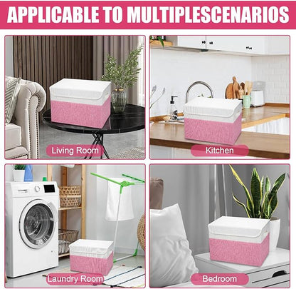 Bagnizer Large 22 Quart Linen Fabric Foldable Storage Bin Cube Organizer Basket with Flip-Top Lid & Handles, Clothes Blanket Box for Home, Office, Closet, Pink & White, 4 Pack 14.6 x 9.5 x 9.5