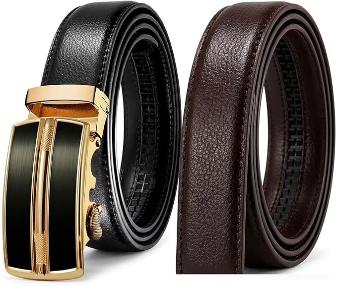 JINIU Men's Ratchet Belt Buckle, Black Genuine Leather Slide Belt for Men Dress Suit, Micro Adjustable Trim to Fit Boxed