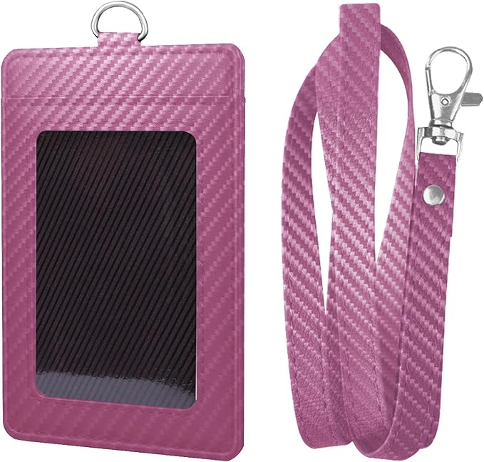 Carbon Fiber Work ID Card Holder with Lanyard is a Stylish and Durable Card Holder with Dual Card Capacity, Clear Display Window and Privacy Back Pocket (Pink)