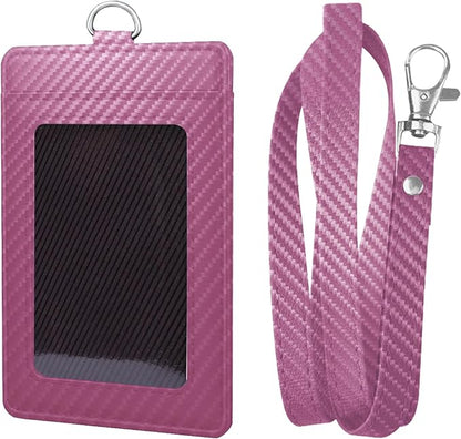 Carbon Fiber Work ID Card Holder with Lanyard is a Stylish and Durable Card Holder with Dual Card Capacity, Clear Display Window and Privacy Back Pocket (Pink)