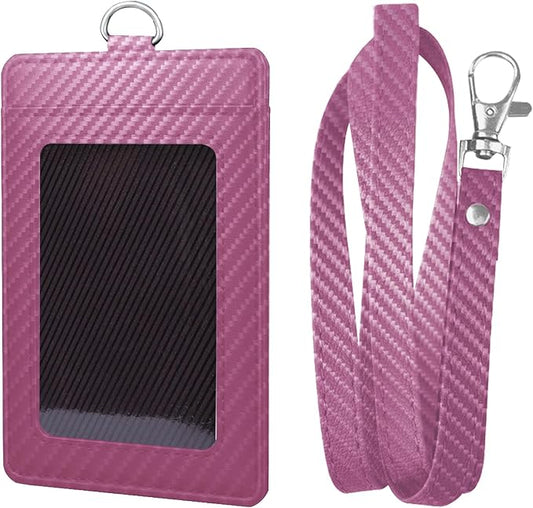 Carbon Fiber Work ID Card Holder with Lanyard is a Stylish and Durable Card Holder with Dual Card Capacity, Clear Display Window and Privacy Back Pocket (Pink)