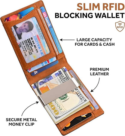 kinzd Slim Wallet with Money Clip RFID Blocking Minimalist Bifold Wallet for Men Genuine Leather Front Pocket Card Holder