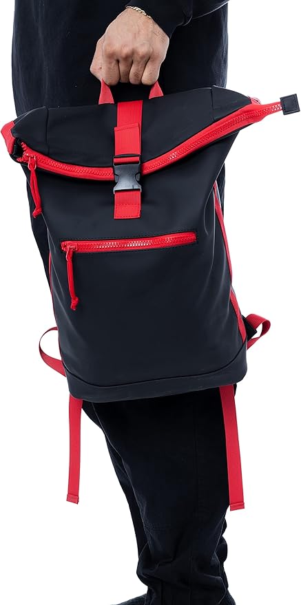 X RAY Roll Top Laptop Backpack for Men Women, PU Leather Expandable Roll Up Backpack Capacity Adjustable 22L & Fits 15.6" Laptop, Black/Red