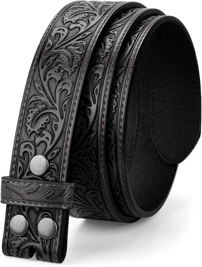 TRIWORKS Western Belt Strap for Men without Buckle 1.5" Wide Floral Engraved Embossed Leather Belt Strap