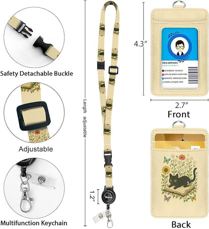 bolimoss Book Cat ID Card Holder with Detachable Neck Lanyard, PU Leather ID Name Badge Card Holder with Retractable Badge Reels, Cute Adjustable Lanyard with Safety Quick Release Buckles for Teacher