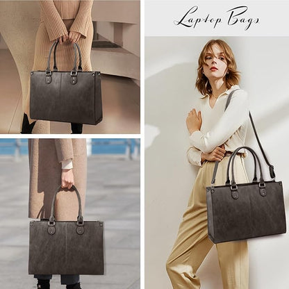 LOVEVOOK Laptop Tote Bag for Women, 15.6 Inch Large Capacity Vintage Leather Work Computer Bag, Business Casual Shoulder Handbag, Black Coffee