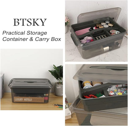 BTSKY Stack & Carry Box, Clear Plastic Storage Container Stackable Home Utility Box with Removable Tray Multi-Purpose Storage Bin for Organizing Stationery, Sewing, Art Craft Supplies (Black)