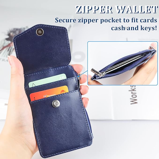 Teskyer Leather Badge Holder with Lanyard and Retractable Badge Reel, 4 Card Slots ID Card Holder with 1 Zipper Pocket for Office School Name Work IDs, Blue
