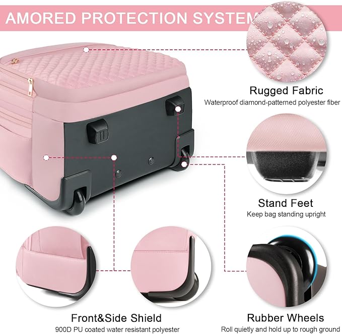 Arcoyard Rolling Backpack Carry On Luggage For Adults With Wheels, 40L Wheeled Backpack For Women, Travel Roller Backpack, Rolling Bag, Pink