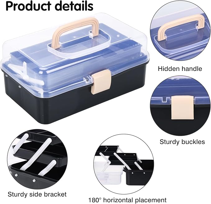 Craft Organizers, Tackle Box 3-Layer Portable Folding Toolbox, Plastic Tool Box with Handle for Sewing Supplies, Medicine, Art Supplies, Nails and Hair Accessories 12.5inch Black